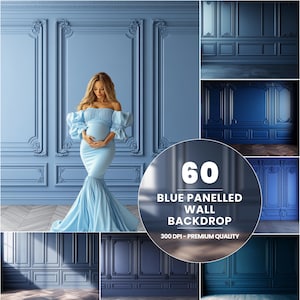 May include: A light blue maternity gown with off-the-shoulder sleeves and a mermaid skirt. The woman is standing in front of a blue paneled wall. The image includes a circular graphic with the text "60 BLUE PANELLED WALL BACKDROP".