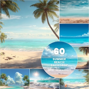 Tropical Beach Photography Backdrop, Summer Palm Tree Scene (Digital Backdrop)