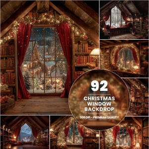 May include: A cozy Christmas window backdrop with red curtains, fairy lights, and a snowy village scene visible through the window. The image includes a library setting with bookshelves and a warm, inviting atmosphere.
