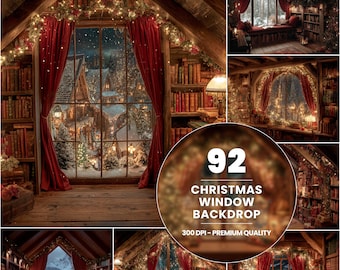 May include: A cozy Christmas window backdrop with red curtains, fairy lights, and a snowy village scene visible through the window. The image includes a library setting with bookshelves and a warm, inviting atmosphere.