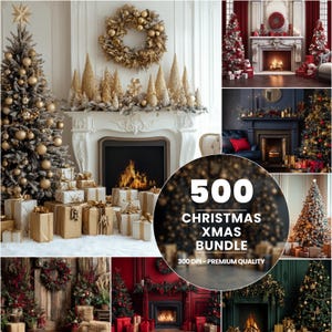 May include: A collage of Christmas-themed images featuring decorated trees, wreaths, and fireplaces. The images include gold and silver ornaments, gift boxes, and the text "500 CHRISTMAS XMAS BUNDLE".