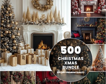May include: A collection of Christmas images showing decorated trees, wreaths, and fireplaces. The images include gold and silver decorations, gift boxes, and the text "500 CHRISTMAS XMAS BUNDLE".