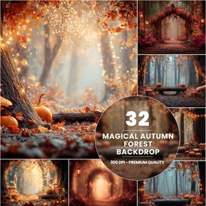 Può includere: Un'immagine composita con più scene di una foresta autunnale. Le scene includono zucche, foglie cadute e luci a stringa. L'immagine centrale ha il testo "32 MAGICAL AUTUMN FOREST BACKDROP 300 DPI - PREMIUM QUALITY."