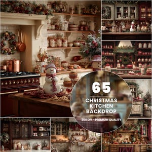 May include: A collage of Christmas kitchen backdrops. The images feature festive decorations, including wreaths, snowmen, and holiday-themed kitchenware. The color palette includes reds, greens, and whites, creating a warm and inviting atmosphere. Text on the image reads "65 Christmas Kitchen Backdrop".