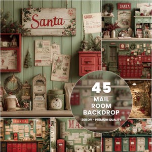 May include: A Christmas-themed backdrop with a wooden sign saying "Santa" in red. The scene includes red mailboxes, vintage decorations, and the text "45 MAIL ROOM BACKDROP". The overall aesthetic is rustic and festive.