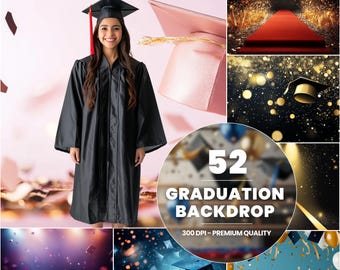 May include: A set of 52 graduation backdrop images. The images feature a variety of themes, including confetti, stars, and a red carpet. The images are 300 DPI and are of premium quality.