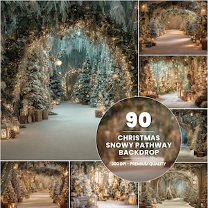 Peut inclure: Image composite d'une toile de fond de chemin enneigé de Noël. La scène comprend des arbres enneigés, des guirlandes lumineuses et des lanternes, créant une atmosphère festive. Le texte indique "90 Christmas Snowy Pathway Backdrop 300 DPI - Premium Quality."
