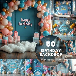 50 Geburtstag Hintergrund, Luftballons Digitale Kulissen für Kinderfotografie, perfekt für Feiern im Alter von 1 bis 6 Jahren, Cake Smash Hintergrund