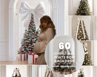 60 Christmas Tree Digital Backdrops: White Bow, Family, Maternity (Digital Download)
