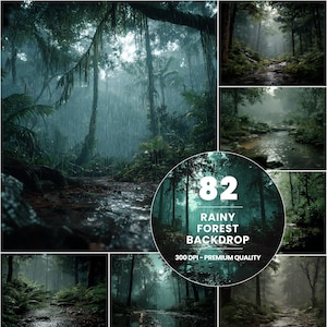 Puede incluir: Imagen compuesta que presenta una escena de bosque lluvioso. La imagen central muestra un bosque verde y exuberante con fuertes lluvias. Imágenes adicionales muestran senderos y arroyos forestales. El texto en la imagen dice "82 Rainy Forest Backdrop 300 DPI - Premium Quality."