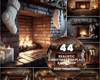 Christmas Fireplace Backdrop Set | Cozy Holiday Scenes (Digital Download)