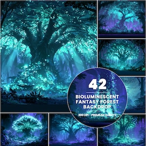 Puede incluir: Una colección digital de 42 fondos de bosque fantástico bioluminiscente con árboles de color azul y turquesa brillante y partículas de luz. La superposición circular muestra el texto 42 BIOLUMINESCENT FANTASY FOREST BACKDROP 300 DPI PREMIUM QUALITY.