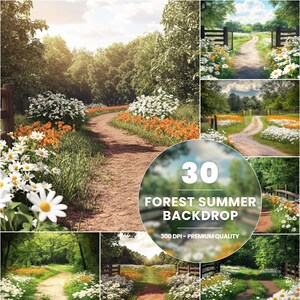 Può includere: Una collezione di sfondi estivi della foresta. Le immagini presentano un sentiero sterrato che si snoda attraverso un campo di fiori selvatici, tra cui margherite bianche e gigli arancioni. Il testo "30 FOREST SUMMER BACKDROP" è visibile.