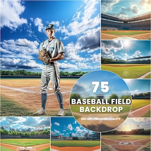 Pode incluir: Uma colagem com um jogador de beisebol uniformizado, campos de beisebol e vistas do estádio sob um céu azul brilhante. Um gráfico circular diz "75 Baseball Field Backdrop". A imagem é de alta qualidade, com foco em esportes e temas ao ar livre.