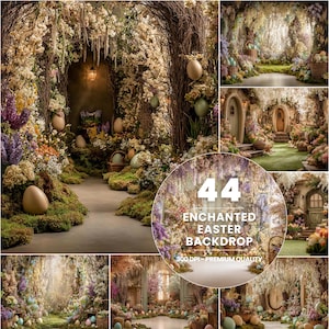 May include: A collection of Easter backdrops. The images showcase fantastical scenes with large Easter eggs, abundant greenery, and floral displays. The text "44 Enchanted Easter Backdrop" is visible.