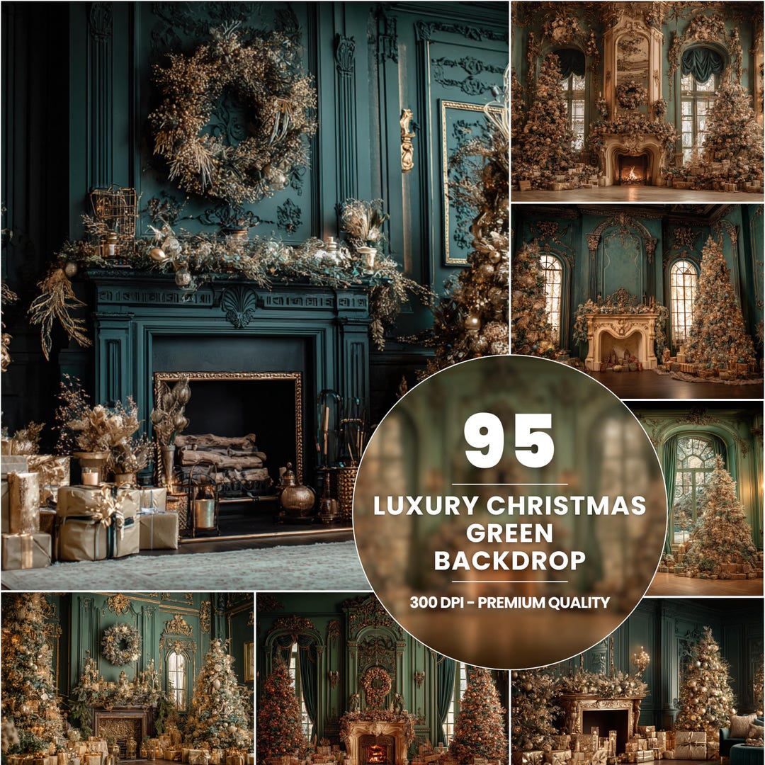 Luxury Christmas Backdrops: Elegant Green & Gold Interior Scenes ...