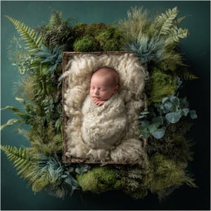 Digitale achtergrond pasgeborene, groene bloemenmand, babymeisje, bloemen composiet digitale achtergrond, Photoshop-overlays, studio-achtergrond