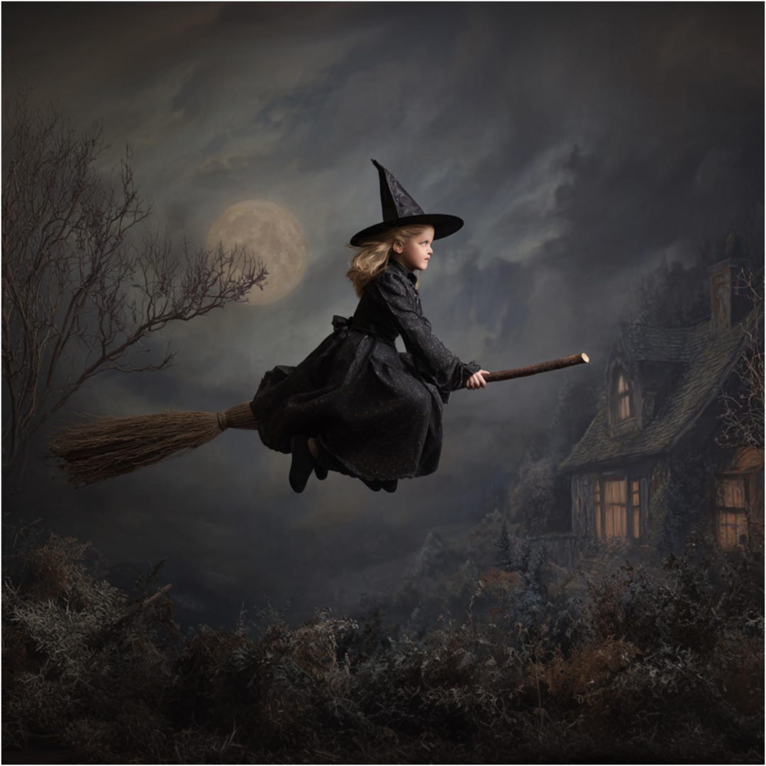 Halloween Flying Witch Digital Backdrop: Spooky Night Scene (digital
