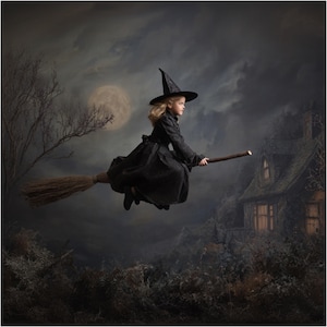 May include: A young person dressed as a witch flies on a broomstick against a night sky with a full moon. The witch wears a black dress and hat. A spooky house is in the background.