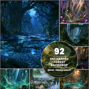 May include: A digital collection of 92 enchanted forest backdrops featuring various scenes of glowing flora, waterfalls, crystal formations, and moonlit woodland environments with the text 92 ENCHANTED FOREST BACKDROP 300 DPI - PREMIUM QUALITY.