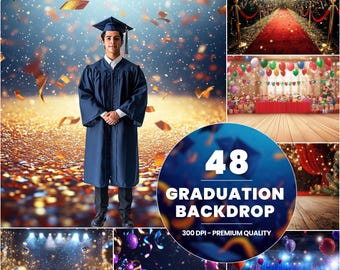 May include: 48 graduation backdrop images. The images feature a variety of backgrounds, including a stage with confetti, a red carpet, and a blue curtain. The images are perfect for creating a festive and celebratory atmosphere for your graduation photos.