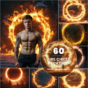 Puede incluir: 60 Fire Circle Backdrop - 300 DPI - Premium Quality. Una colección de 60 imágenes de alta resolución con fondos circulares de fuego. Las imágenes son perfectas para agregar un efecto dramático y de fuego a tus fotos y videos.