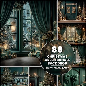 Puede incluir: Un collage de fondos verdes con temática navideña. Las imágenes presentan árboles de Navidad decorados, grandes ventanas con cortinas verdes y regalos envueltos. El texto en el centro dice "88 CHRISTMAS GREEN BUNDLE BACKDROP 300 DPI - PREMIUM QUALITY."