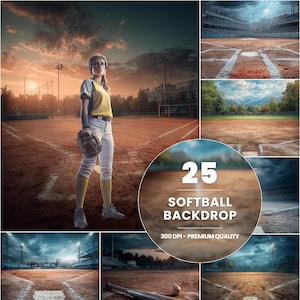 May include: A composite image featuring a softball player in uniform, a baseball field, and several backdrop options. The central image shows a player in a yellow and white uniform, holding a glove. The text reads "25 SOFTBALL BACKDROP".