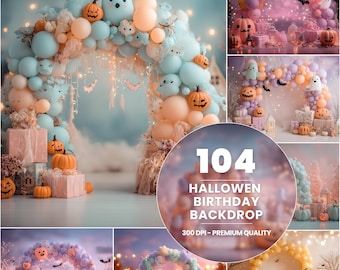 May include: A composite image featuring several Halloween-themed birthday backdrops. Each backdrop showcases balloon arches in pastel colors, adorned with jack-o'-lanterns, ghosts, and bats. The text "104 Halloween Birthday Backdrop" is prominently displayed.