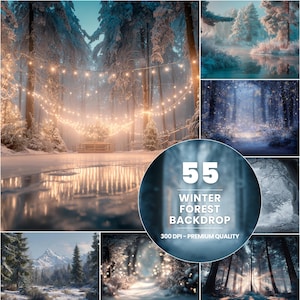 May include: A collection of winter forest backdrops. The images show snow-laden trees, a frozen lake reflecting fairy lights, and a misty atmosphere. The central image has a circular graphic with the text "55 WINTER FOREST BACKDROP".