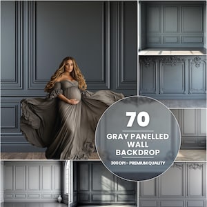 May include: A composite image showing a person in a gray dress in front of a gray paneled wall backdrop. The image includes a circular graphic with the text "70 GRAY PANELLED WALL BACKDROP 300 DPI - PREMIUM QUALITY".