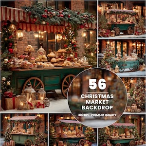 Puede incluir: Imagen compuesta de una escena de mercado navideño. Un carro verde azulado exhibe productos horneados bajo un toldo a rayas rojas y blancas. La escena está decorada con árboles de Navidad, luces y faroles. El texto dice "56 CHRISTMAS MARKET BACKDROP 300 DPI - PREMIUM QUALITY."
