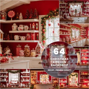 Puede incluir: Una escena festiva de cocina navideña con paredes rojas y estantes blancos llenos de decoraciones navideñas, incluyendo casas de jengibre, tarros de caramelos y adornos. La imagen incluye el texto "64 CHRISTMAS KITCHEN BACKDROP 300 DPI - PREMIUM QUALITY."