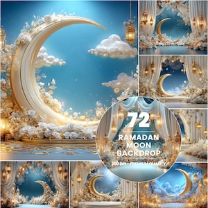 Könnte beinhalten: Ein zusammengesetztes Bild mit einem Halbmond-Hintergrund mit weißen Blumenarrangements, Wolken und hängenden Laternen. Der Text "72 Ramadan Moon Backdrop" wird zusammen mit "300 DPI - PREMIUM QUALITY" angezeigt. Der Hintergrund ist ein Blauton.