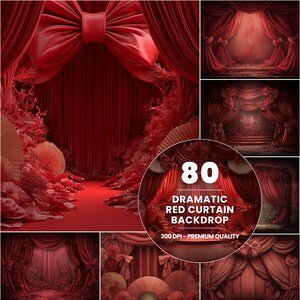 Puede incluir: Un collage de imágenes con un telón de fondo de cortina roja dramática. El telón de fondo incluye un gran lazo rojo, cortinas rojas y una alfombra roja. El texto en la imagen dice "80 DRAMATIC RED CURTAIN BACKDROP 300 DPI - PREMIUM QUALITY."