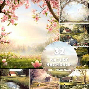 Può includere: Una collezione di 32 sfondi naturali, qualità premium a 300 DPI. Le immagini presentano paesaggi pittoreschi con fiori in fiore, alberi e tranquille scene acquatiche. La tavolozza dei colori include rosa, verdi e blu tenui.