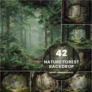 Könnte beinhalten: Eine Collage von Waldszenen mit üppigem grünen Laub und hohen Bäumen. Ein kreisförmiges Grafikelement in der Mitte zeigt "42 NATURE FOREST BACKDROP" mit "300 DPI - PREMIUM QUALITY". Die Bilder zeigen Pfade und Sonnenlicht.