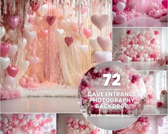 Pink Heart Balloon Backdrop, Romantic Pastel Photo Scene, Baby Shower Decor (Digital Download)