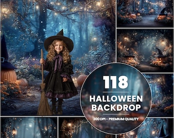 May include: A composite image featuring a young girl in a witch costume holding a broom, surrounded by Halloween-themed forest backdrops. The image includes pumpkins, witch hats, and the text "118 HALLOWEEN BACKDROP".