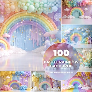 Könnte beinhalten: Ein digitaler Hintergrund mit 100 pastellfarbenen Regenbogenbögen mit Wolken und Sternen. Der Text "100 Pastel Rainbow Backdrop 300 DPI - Premium Quality" befindet sich am unteren Rand des Bildes.