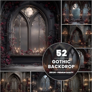 Pode incluir: Uma coleção de 52 fundos góticos. As imagens apresentam arquitetura gótica escura e ornamentada com janelas arqueadas, velas e rosas vermelhas. Os fundos são imagens de alta qualidade a 300 DPI.