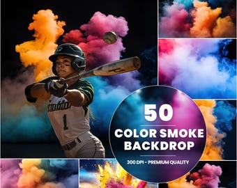 May include: 50 Color Smoke Backdrop - 300 DPI - Premium Quality. A collection of colorful smoke backgrounds for photographers and graphic designers. The images feature a variety of colors and shapes, including orange, pink, blue, and green.