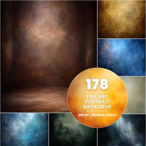 May include: A collection of 178 fine art portrait backdrops featuring various textured surfaces in shades of brown, blue, green, and gold. The digital files are presented in 300 DPI premium quality, showcasing diverse mottled and gradient color patterns.