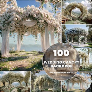 May include: A collection of 100 wedding canopy backdrops with white flowers and white fabric. The backdrops are 300 DPI and premium quality.