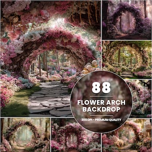 88 Blombågar i bakgrunden, förtrollad trädgård, blomtunnelbakgrund, bröllopsfotograferingsrekvisita, vårdekor, 300 DPI