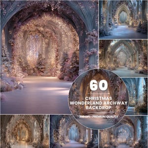 Könnte beinhalten: Ein zusammengesetztes Bild mit einem Weihnachtswunderland-Bogenhintergrund. Die Szene wird von einer Reihe von Bogenstrukturen dominiert, die mit funkelnden Lichtern und gefrorenem Laub geschmückt sind. Der Text auf dem Bild lautet "60 Christmas Wonderland Archway Backdrop 300 DPI - Premium Quality."