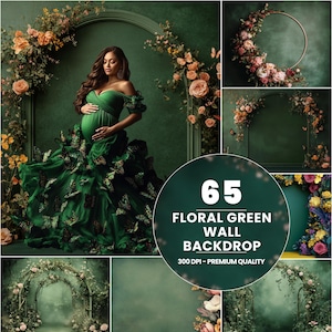 May include: 65 Floral Green Wall Backdrop - 300 DPI - Premium Quality. A collage of images featuring a green backdrop with floral arrangements and a woman in a green dress.
