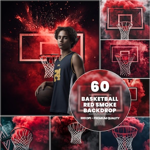 May include: 60 basketball red smoke backdrop images.  The images feature a basketball hoop with red smoke in the background.  The images are 300 DPI and premium quality.