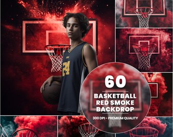 May include: 60 basketball red smoke backdrop images.  The images feature a basketball hoop with red smoke in the background.  The images are 300 DPI and premium quality.