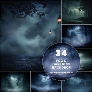 Könnte beinhalten: Eine Sammlung von 34 Nebel- und Dunkelheits-Hintergründen. Die Bilder zeigen neblige Wälder, mondbeschienene Szenen und eine Straße mit Laternen. Die Hintergründe sind hochwertige 300 DPI-Bilder, ideal für digitale Kunst- und Designprojekte.